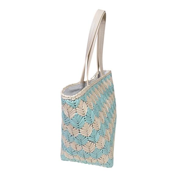 BTB Los Angeles Bria Straw Tote Cream Blue Woven Tote Bag Pom-Poms - Picture 4 of 8